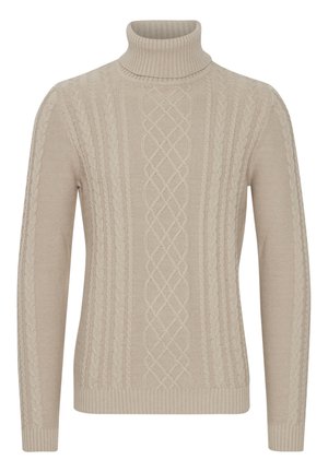 Maglione beige a collo alto realizzato in tessuto knit testurizzato, con un motivo a treccia e polsini e orlo a coste. Vestibilità classica con maniche lunghe.