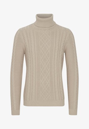 Beige Rollkragenpullover aus strukturiertem Strickstoff, mit einem Kabelmuster und gerippten Bündchen und Saum. Klassische Passform mit langen Ärmeln.