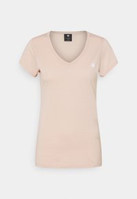 Rosa V-ringad t-shirt i mjuk bomull med korta ärmar, med en liten vit logotyp på vänster bröst och en slim fit-design.