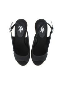 Sandali espadrilles neri con tomaia in tessuto morbido, punta aperta, cinturino alla caviglia, soletta imbottita e suola in gomma. Dettagli del logo visibili sulle solette.