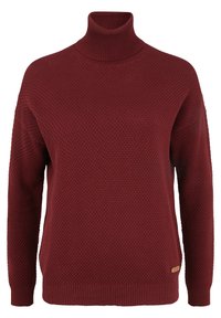 Burgundowy sweter z golfem, charakteryzujący się teksturowanym, strukturalnym wzorem w kształcie plastra miodu, z prążkowanymi mankietami i dołem, podkreślony małą metką z logo.
