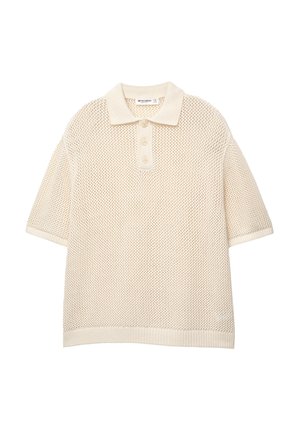 Cream-colored knitted polo shirt with short sleeves, three-button placket, ribbed collar and hem, featuring a textured pattern throughout.