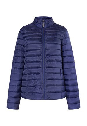 Marineblå dunjakke med quiltet design, høj krave og frontlynlås. Glat, shiny stof med to sidelommer.