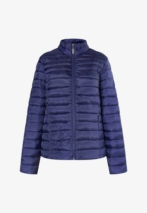 Sötétkék steppelt puffermellény, magas gallérral és elülső cipzárral. Simma, fényes anyag, két oldalsó zsebbel.