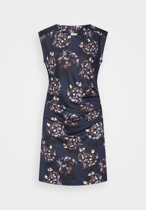 Rochie florală de culoare albastru închis, cu mâneci scurte, având motive florale în nuanțe de mov și alb. Textură netedă și croi ajustat, cu volane pe laterale.