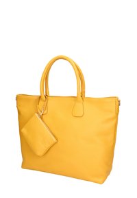 Gele lederen tote bag met twee ronde handvatten, een gestructureerd oppervlak en een afneembare bijpassende hoes met een rits.