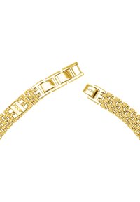 Guldtonad metallarmband med sammanlänkade länkar. Har en slät yta och rektangulära detaljer. Fästs säkert med en spänne.