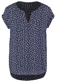 Blusa navy a maniche corte con scollatura a V, caratterizzata da un motivo floreale in bianco e rosa, realizzata in tessuto leggero e con orlo curvo.