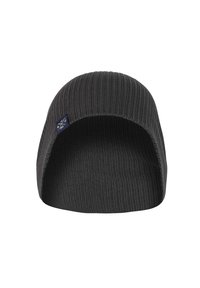 Dark grey knit beanie with ribbed texture, featuring a subtle logo patch on the side. The design is slouchy with an elongated shape.