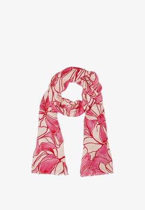 Lichte sjaal met een bloemenpatroon in tinten roze op een crèmekleurige achtergrond, met onafgewerkte randen en een zachte, textuur stof.