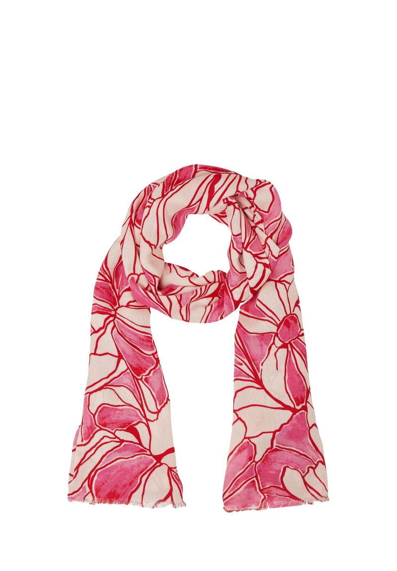 Leichter Schal mit floralem Muster in verschiedenen Rosatönen auf einem cremigen Hintergrund, mit rohen Kanten und einem weichen, strukturierten Stoff.