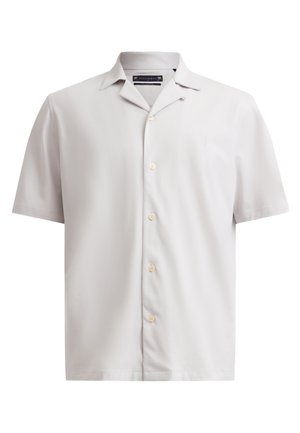 Korte ermer, lysegrå knapp-up skjorte laget av glatt stoff; har klassisk krage og subtil logo broderi på brystet.