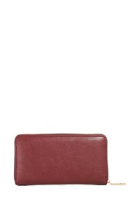 Burgundy leather wallet with a smooth texture, zip closure, and a gold accent. Rectangular shape with clean lines and no visible patterns.