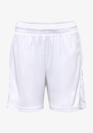 Białe spodenki sportowe z elastycznym paskiem, wykonane z gładkiego, lekkiego materiału. Posiadają szwy boczne i prosty design.