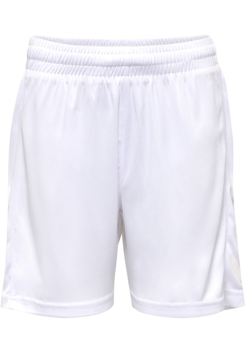 Weiße Sportshorts mit elastischem Bund, aus glattem, leichtem Material gefertigt. Verfügt über Seitennähte und ein einfaches Design.