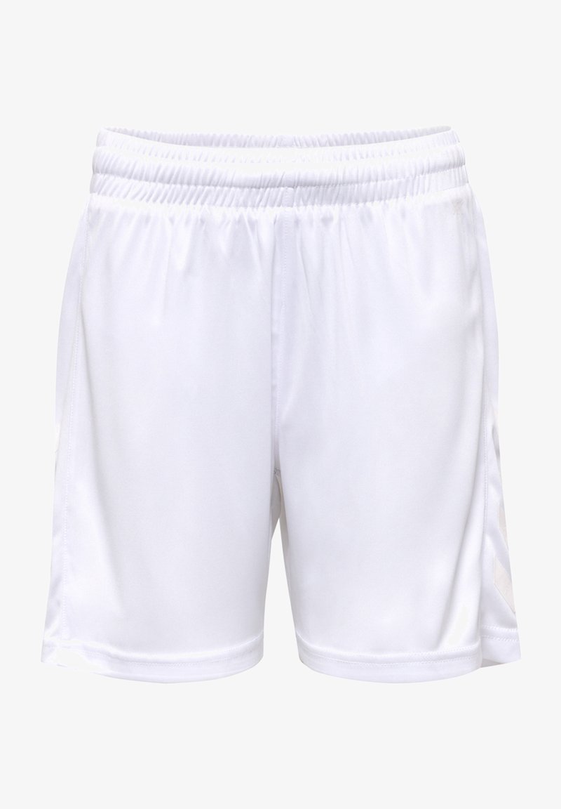 Weiße Sportshorts mit elastischem Bund, aus glattem, leichtem Material gefertigt. Verfügt über Seitennähte und ein einfaches Design.