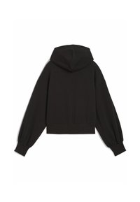 Sweatshirt corto nero realizzato in morbido tessuto, con un ampio cappuccio, maniche lunghe a sbuffo e orlo a coste. Design semplice e minimalista.