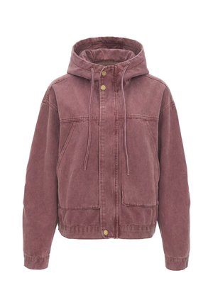 Fliederfarbene Kapuzenjacke mit Frontreißverschluss, Knopfverschlüssen, Kordelzugkapuze und zwei Vordertaschen aus weichem, strukturiertem Stoff.