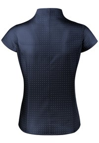 Marineblauwe blouse met korte mouwen en witte stippen, met een hoge kraag en een getailleerde pasvorm. Glad stof met een subtiele glans.