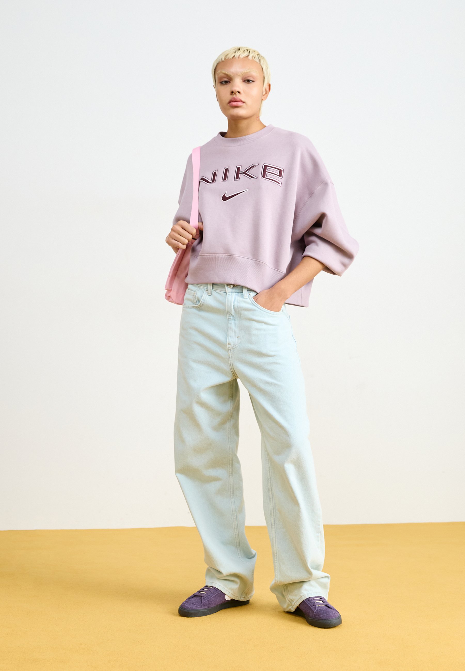 nike mini swoosh oversized cropped purple sweatshirt