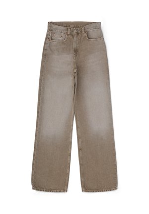 Wide-leg jeans in a faded brown color, made of denim. Features a zipper fly, five pockets, and contrasting stitching.
