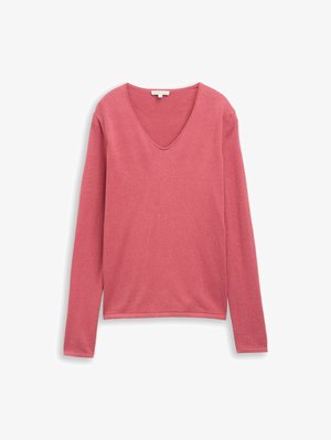 Langermet V-hals genser for kvinner i rosarosa, laget av mykt strikket stoff med et enkelt, tettsittende design.
