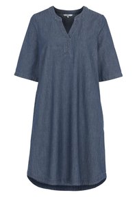 Jeansklänning med V-ringning, korta ärmar och en avslappnad passform. Har sömdetaljer och en rundad nederkant för extra stil.