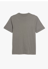 Grå bomulds T-shirt med rund halsudskæring og korte ærmer; har et simpelt design uden mønstre eller accenter; blød tekstur.