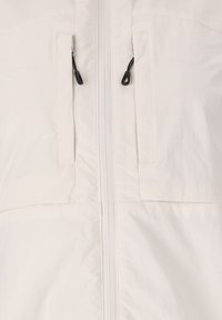 Lätt, vit jacka med framsidsdragkedja, två dragkedjefickor och justerbara dragsnoddar. Slät yta och minimalistisk design.