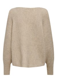 Pull en tricot beige avec un motif texturé, manches longues, poignets côtelés et une coupe légèrement ample.