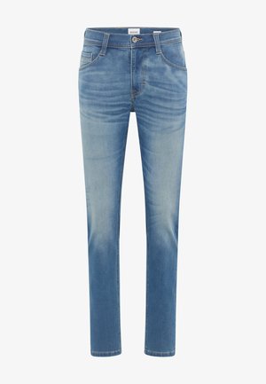Jeans in denim azzurro chiaro con vestibilità slim, design a cinque tasche, cuciture visibili e un leggero effetto di sbiadimento nella parte frontale.