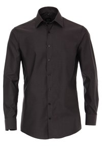 Donkergrijs overhemd met lange mouwen, een gestructureerde kraag en zwarte knopen, gemaakt van een gladde, textuurstof.