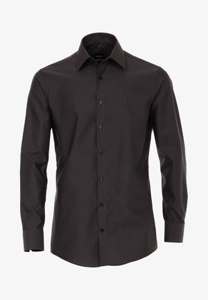 Donkergrijs overhemd met lange mouwen, een gestructureerde kraag en zwarte knopen, gemaakt van een gladde, textuurstof.