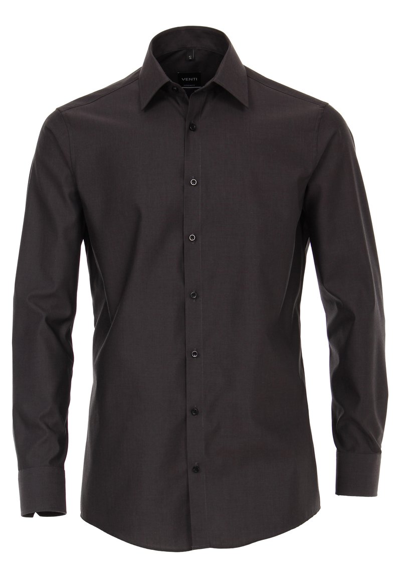 Donkergrijs overhemd met lange mouwen, een gestructureerde kraag en zwarte knopen, gemaakt van een gladde, textuurstof.
