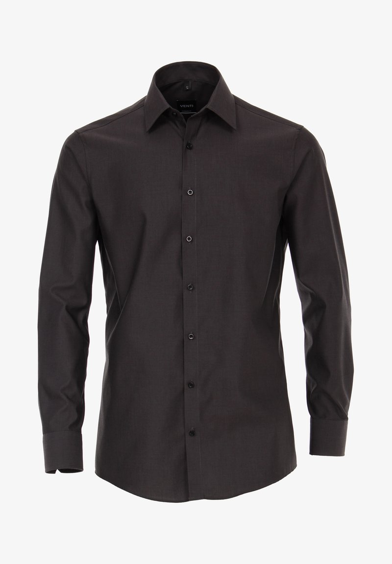 Donkergrijs overhemd met lange mouwen, een gestructureerde kraag en zwarte knopen, gemaakt van een gladde, textuurstof.