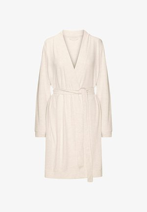 Jasno beżowy szlafrok wykonany z miękkiego materiału, z zapinaniem na szlafrok, długimi rękawami i paskiem w talii. Żebrowane mankiety i kołnierz.