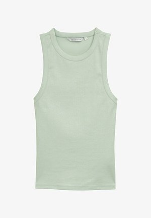 Svetlo zelena brezrokavnik iz žameta, z okroglo ovratnikom in ravnim robom. Oznaka velikosti označuje srednjo velikost.