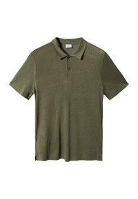 Herren Poloshirt in olivgrün mit kurzen Ärmeln, zwei Knöpfen und klassischem Kragen, flach auf weißem Hintergrund ausgelegt.