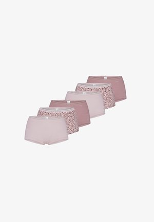 Zestaw siedmiu damskich majtek hipster w odcieniach różu i mauve, z jednolitymi kolorami i wzorem w panterę, z koronkowym wykończeniem na pasku.