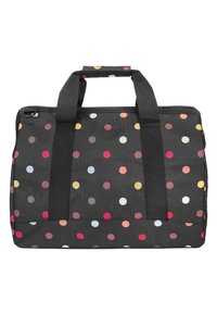 Schwarze Tasche mit einem gepunkteten Muster in verschiedenen Farben, aus robustem Stoff, mit zwei oberen Griffen und einem Reißverschluss. Rechteckige Form.