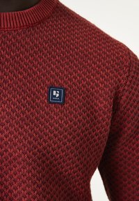 Roter gestrickter Pullover mit strukturiertem Muster. Besitzt einen runden Ausschnitt und ein kleines blaues Markenetikett auf der linken Seite.