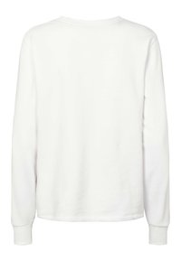 Vit långärmad tröja med rund halsringning och ribbade muddar. Mjuk textur, minimalistisk design, inga särskiljande kännetecken eller mönster.