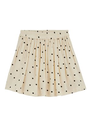 Kreemika värvi volditud seelik mustade täppidega ja elastse vöökohaga, esitatud lameda kujuga valgel taustal.