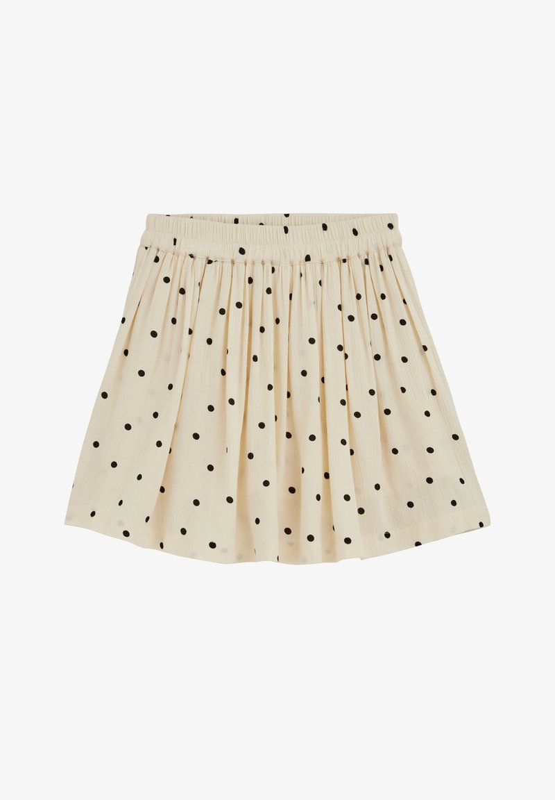 Jupe plissée couleur crème à pois noirs avec ceinture élastique, présentée à plat sur un fond blanc.