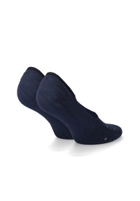 Granatowe skarpetki typu ankle o gładkiej strukturze, minimalistycznym designie i niskim kroju. Posiadają małe kolorowe kropki na palcach dla dodatkowego detalu.