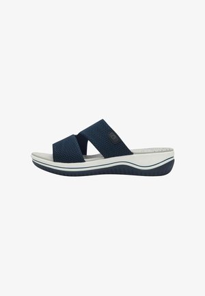 Navy-Mesh-Slidesandalen mit zwei Kreuzriemen, einem gepolsterten weißen Fußbett und einer strukturierten schwarzen Gummisohle mit weißen Akzenten.