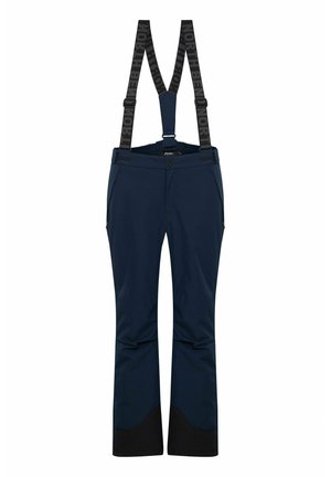 Pantalons de ski imperméables de couleur marine avec bretelles noires ajustables, poches latérales et renforts noirs au bas des jambes pour plus de durabilité.
