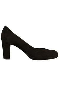 Escarpin pour femme en daim noir, à bout rond et talon bloc, vu de profil sur fond blanc.