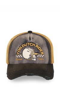 Gorra marrón y mostaza con visera curvada. Presenta un bordado de calavera con casco, texto "VON DUTCH RIDER" y acentos con un patrón de cuadros.