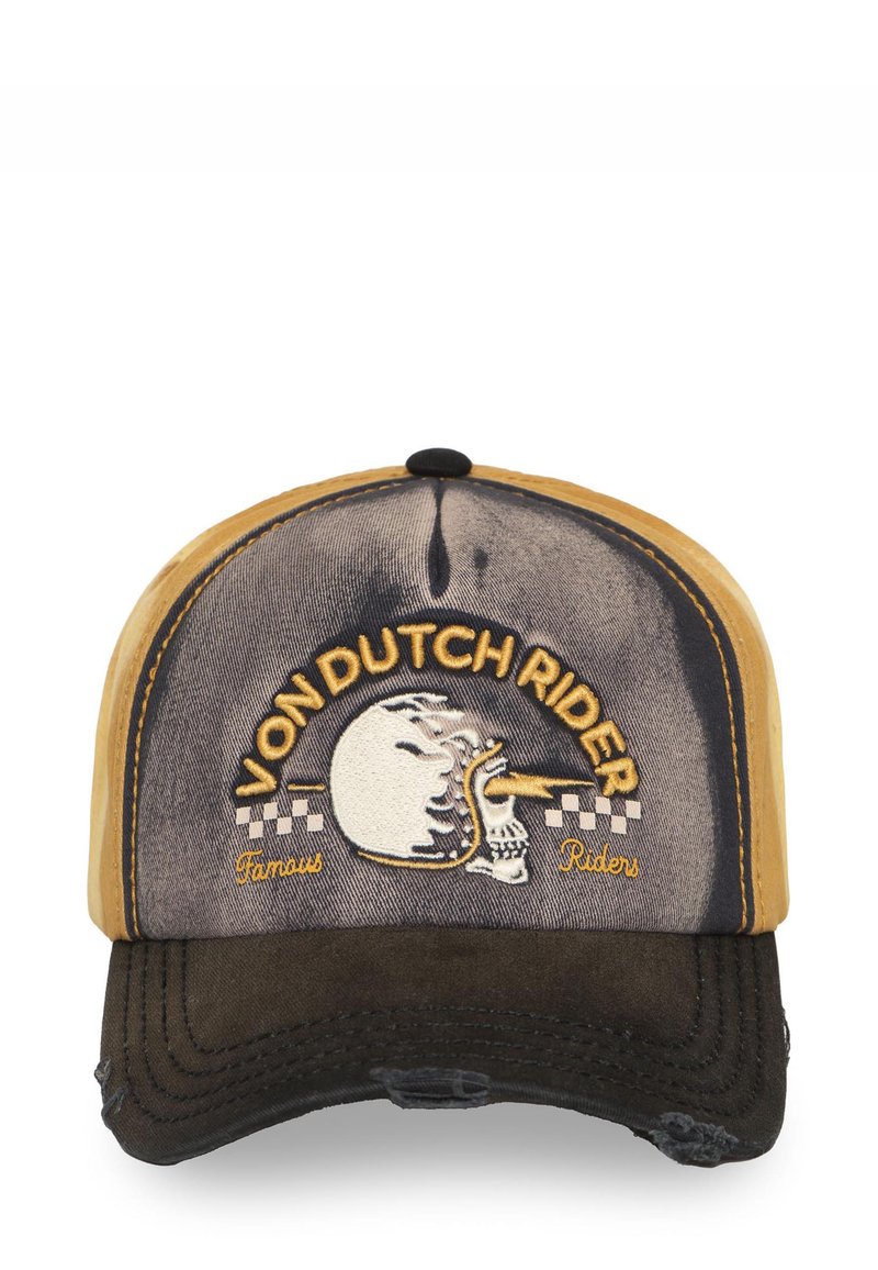 Gorra marrón y mostaza con visera curvada. Presenta un bordado de calavera con casco, texto "VON DUTCH RIDER" y acentos con un patrón de cuadros.